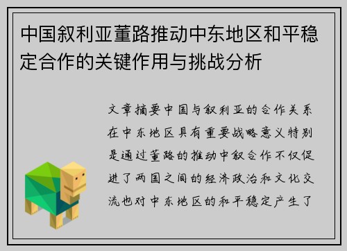 中国叙利亚董路推动中东地区和平稳定合作的关键作用与挑战分析