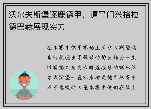 沃尔夫斯堡逐鹿德甲，逼平门兴格拉德巴赫展现实力
