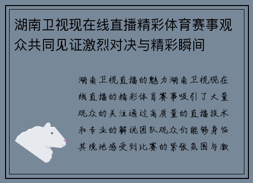 湖南卫视现在线直播精彩体育赛事观众共同见证激烈对决与精彩瞬间